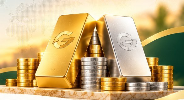 Gold and silver bars with gold and silver coins